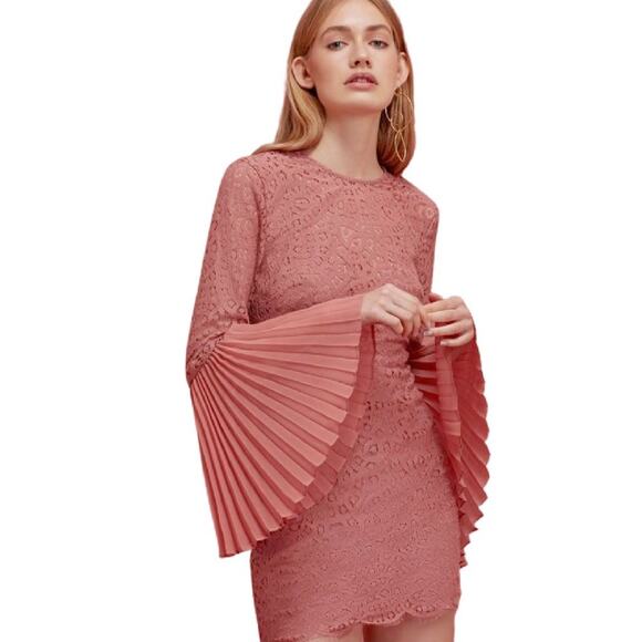KEEPSAKE Lace Pleated Sleeve Mini Dress in Cinnamon Revolve Long Bell Sleeves - Picture 6 of 10